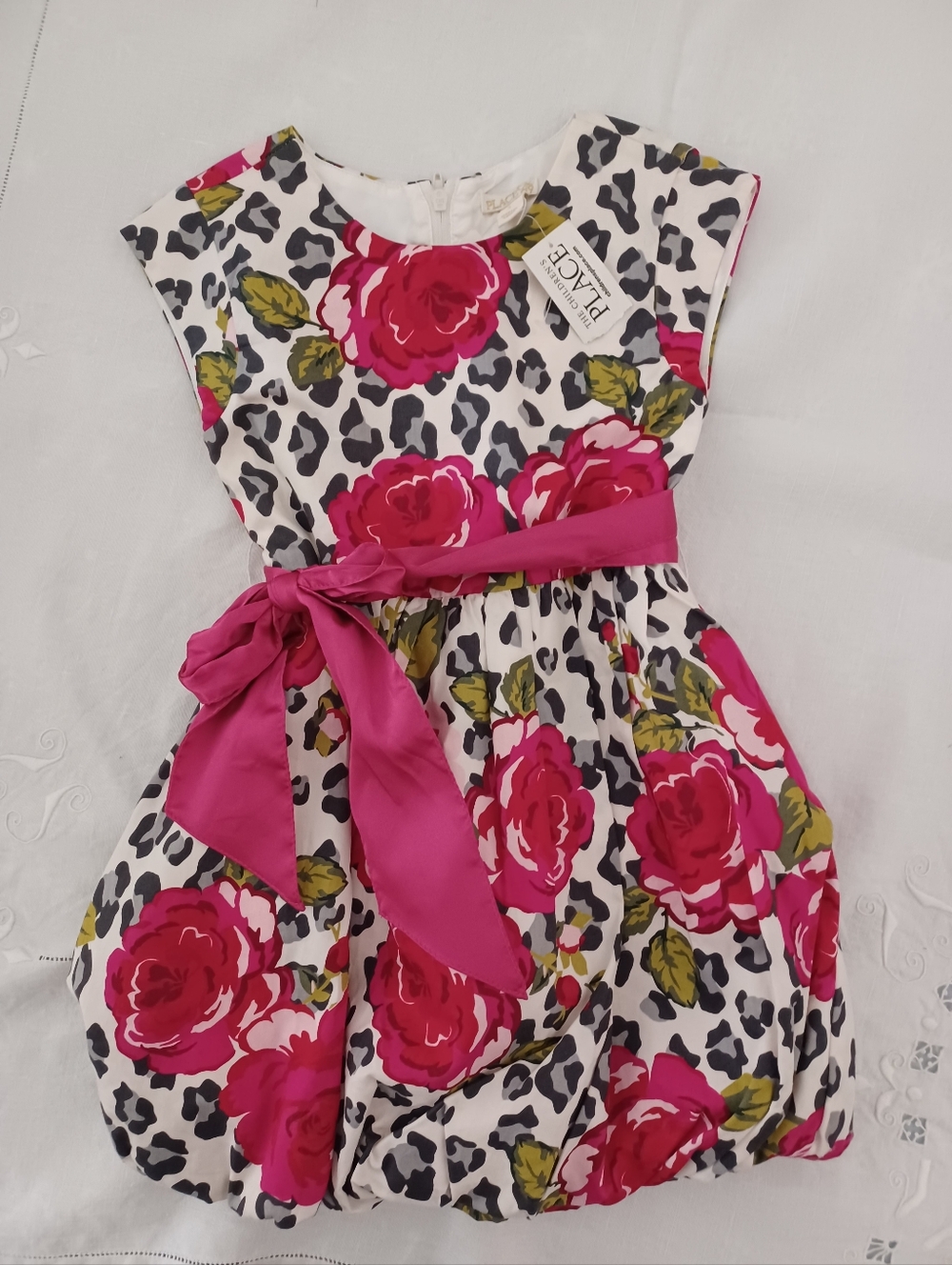 The Children's Place White Dress with Hot Pink Floral Print and Sash